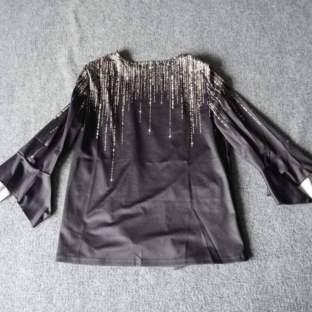 Black‎ Gold Sparkle Shimmer Kimono Jacket Open Front Bell Sleeve M - Picture 2 of 8